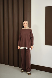 Şeritli İkili Takım Kahverengi