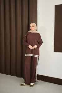 Şeritli İkili Takım Kahverengi