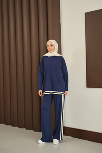 Şeritli İkili Takım Lacivert