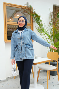 Serpme Taş Detay Kot Ceket Buz Mavi