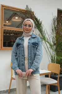 Serpme Taş Detay Kot Ceket  Buz Mavi