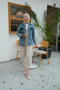 Serpme Taş Detay Kot Ceket  Buz Mavi