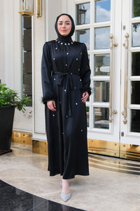 Serpme Taş İşlemeli Bel Bağlamalı Elbise Siyah