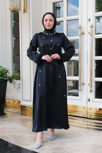 Serpme Taş İşlemeli Bel Bağlamalı Elbise Siyah