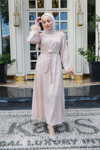 Serpme Taş İşlemeli Bel Bağlamalı Elbise Krem