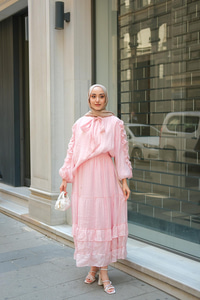 Shavy Yaka Kravatlı Takım Pembe