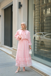 Shavy Yaka Kravatlı Takım Pembe