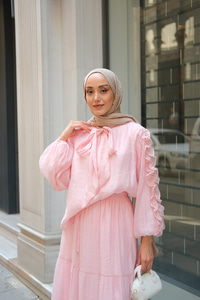 Shavy Yaka Kravatlı Takım Pembe