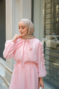 Shavy Yaka Kravatlı Takım Pembe