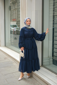 Şifon Fırfırlı Elbise Lacivert