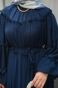 Şifon Fırfırlı Elbise Lacivert