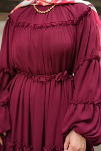 Şifon Fırfırlı Elbise Mürdüm