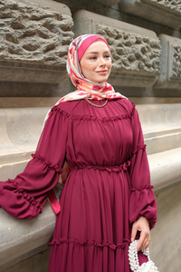 Şifon Fırfırlı Elbise Mürdüm