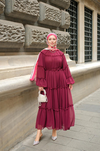 Şifon Fırfırlı Elbise Mürdüm