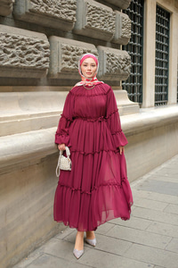 Şifon Fırfırlı Elbise Mürdüm