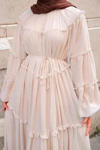 Şifon Fırfırlı Elbise Taş