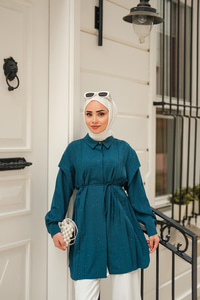 Sim Desenli Viskon Gömlek Petrol Yeşil