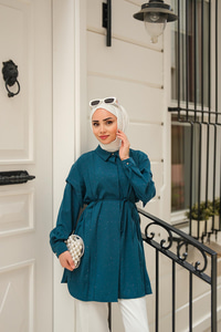 Sim Desenli Viskon Gömlek Petrol Yeşil