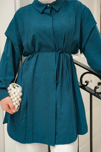 Sim Desenli Viskon Gömlek Petrol Yeşil