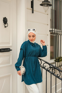 Sim Desenli Viskon Gömlek Petrol Yeşil