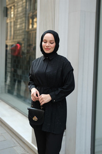 Sim Desenli Viskon Gömlek Siyah