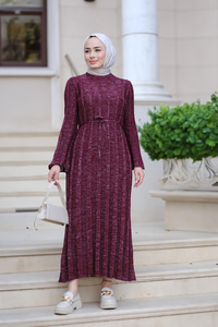 Sim Detay Bel Bağlamalı Elbise Bordo