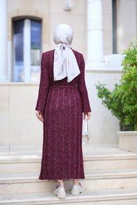 Sim Detay Bel Bağlamalı Elbise Bordo