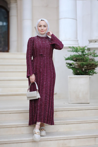 Sim Detay Bel Bağlamalı Elbise Bordo