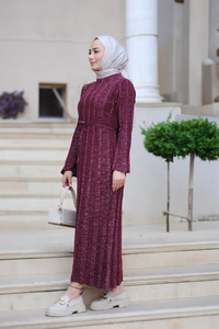 Sim Detay Bel Bağlamalı Elbise Bordo