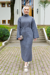 Sim Detay Bel Bağlamalı Elbise Gri