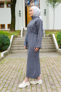 Sim Detay Bel Bağlamalı Elbise Gri