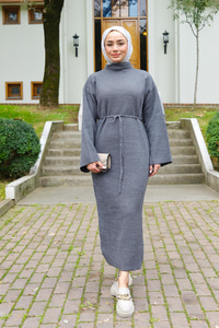 Sim Detay Bel Bağlamalı Elbise Gri