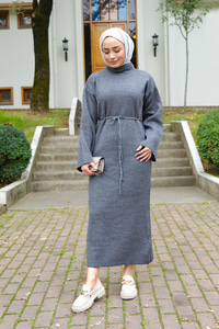 Sim Detay Bel Bağlamalı Elbise Gri