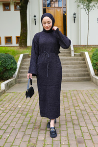 Sim Detay Bel Bağlamalı Elbise Siyah