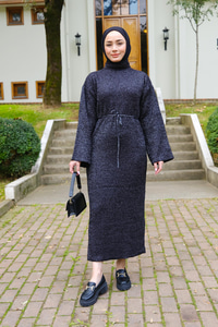 Sim Detay Bel Bağlamalı Elbise Siyah