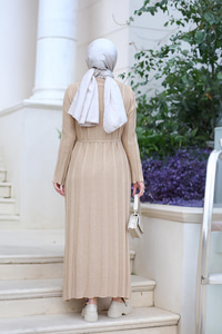 Sim Detay Bel Bağlamalı Elbise Vizon