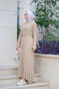 Sim Detay Bel Bağlamalı Elbise Vizon