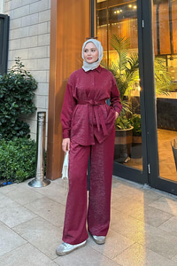 Sim Detay Bel Bağlamalı Takım Bordo