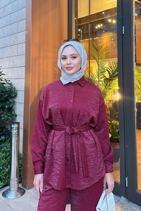 Sim Detay Bel Bağlamalı Takım Bordo