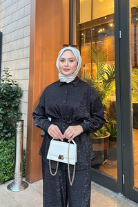 Sim Detay Bel Bağlamalı Takım Siyah