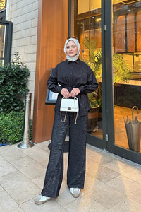 Sim Detay Bel Bağlamalı Takım Siyah