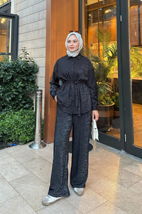 Sim Detay Bel Bağlamalı Takım Siyah