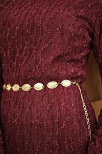 Sim Detay Kendinden Desenli Gold Kemerli Elbise Bordo