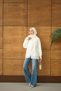 Sim Görünümlü Brode Gömlek Beyaz