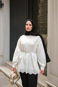 Sim Görünümlü Brode Gömlek Beyaz