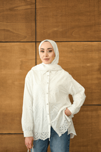 Sim Görünümlü Brode Gömlek Beyaz