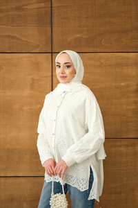 Sim Görünümlü Brode Gömlek Beyaz