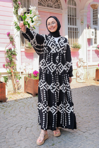 Simetrik Desen Elbise Siyah