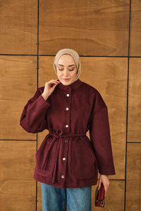 Simli Kaşe Çıtçıtlı Ceket Bordo