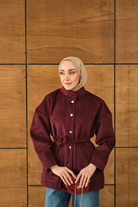 Simli Kaşe Çıtçıtlı Ceket Bordo